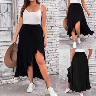 plus size summer Sexy black irregular skirt L-5XL黑色半身裙