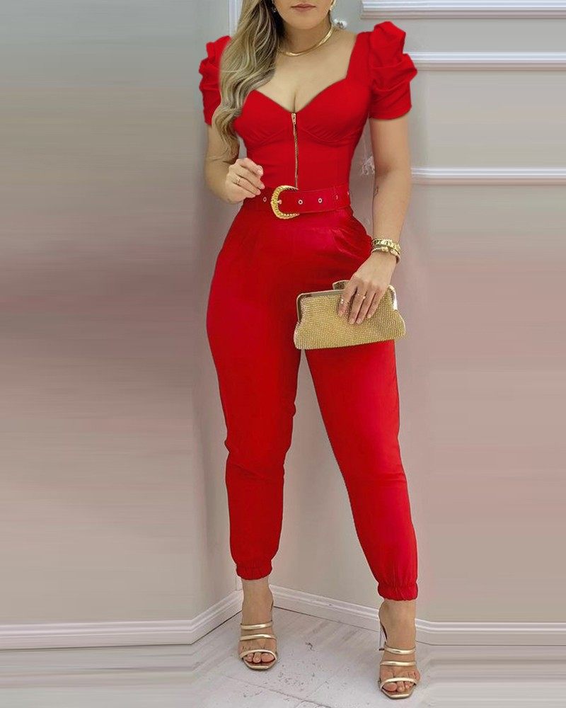Women Plain Puffed Sleeve Jumpsuit夏季V领泡泡袖连体长裤女