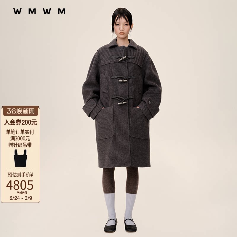 【WMWM】秋冬高级流行休闲设计感气质时尚简约牛角扣方领中长大衣