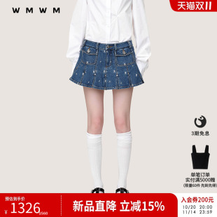 新女装 流行设计感绣花牛仔百褶迷你短裙2025秋季 裙子 WMWM