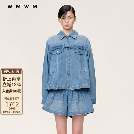 【WMWM】蝴蝶结百褶牛仔夹克流行秋冬高级航海女装上衣