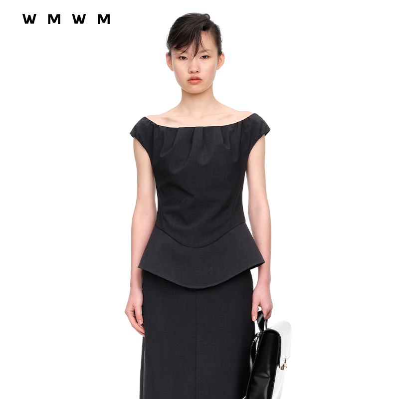 设计感时尚wmwm一字肩收腰