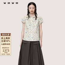 【SALE】【WMWM】设计感印花抽褶领花边泡泡袖衬衫2025秋冬新品女