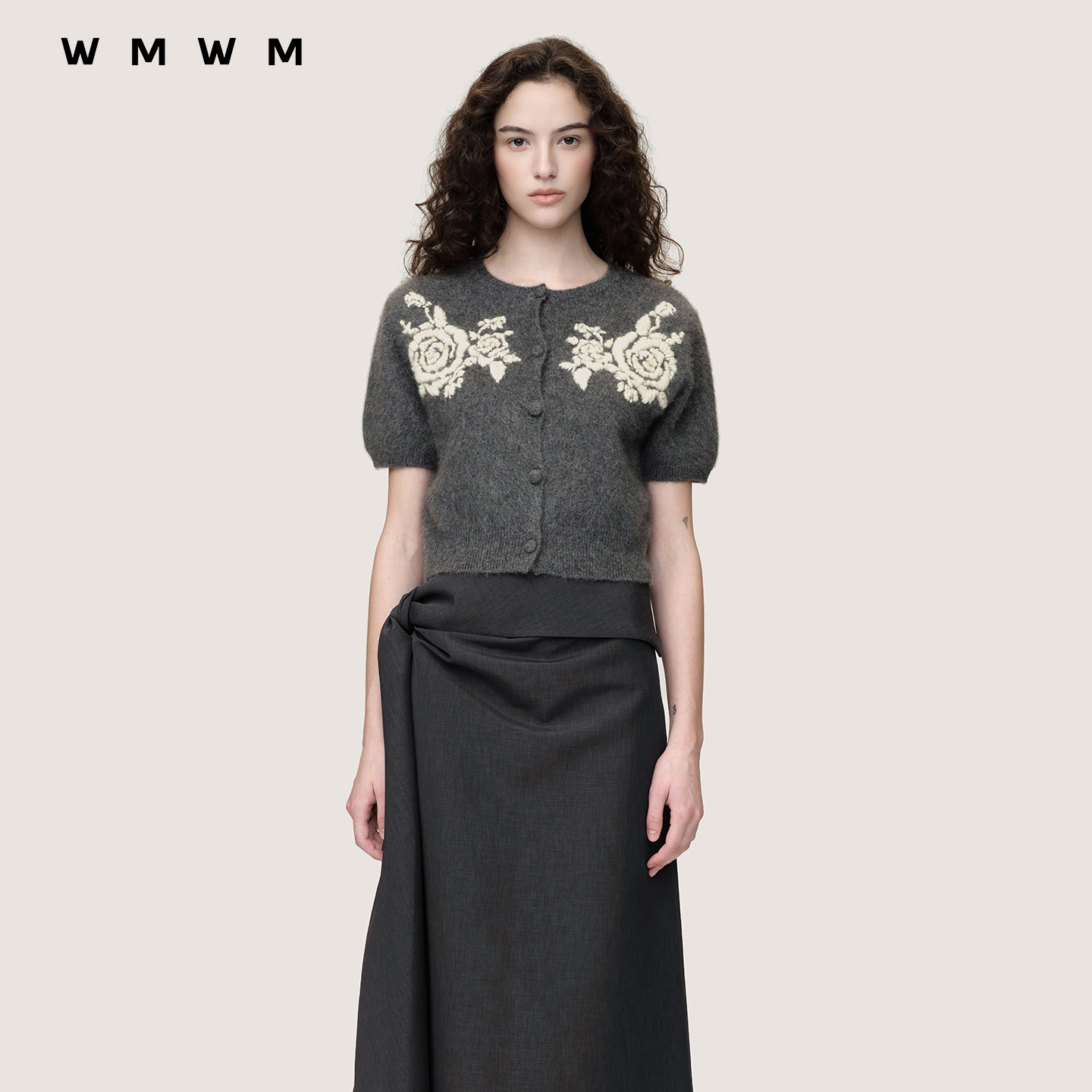 WMWM牦牛绒绣花短袖针织开衫