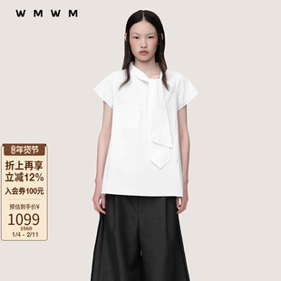 【SALE】【WMWM】流行设计感系带领短袖上衣休闲秋冬时髦女装T恤