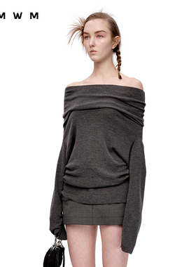 【WMWM】百搭秋冬流行设计感休闲复古细羊毛垂领露肩针织打底衫