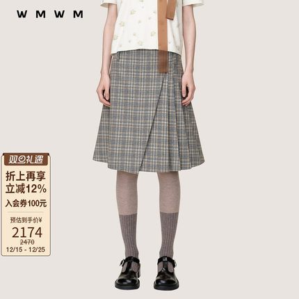 【WMWM】2025秋冬新品流行设计感高级休闲格纹不对称压褶中长半裙