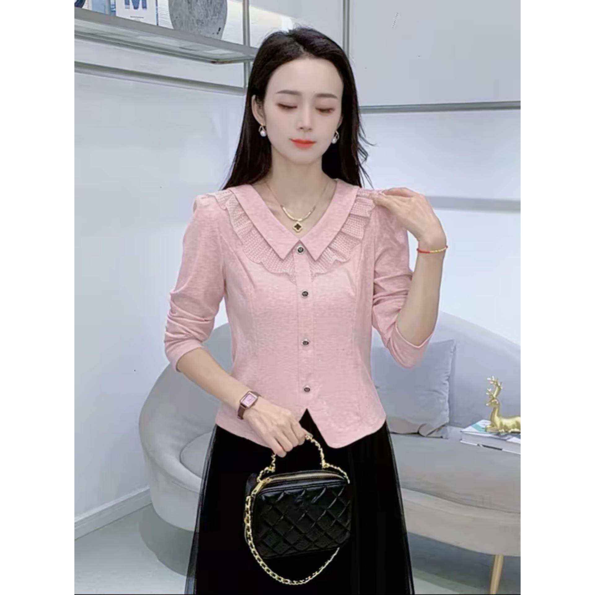 MONLOUVE时尚年轻的女式长袖衬衫，早秋新款，娇小百搭修身衬衫，