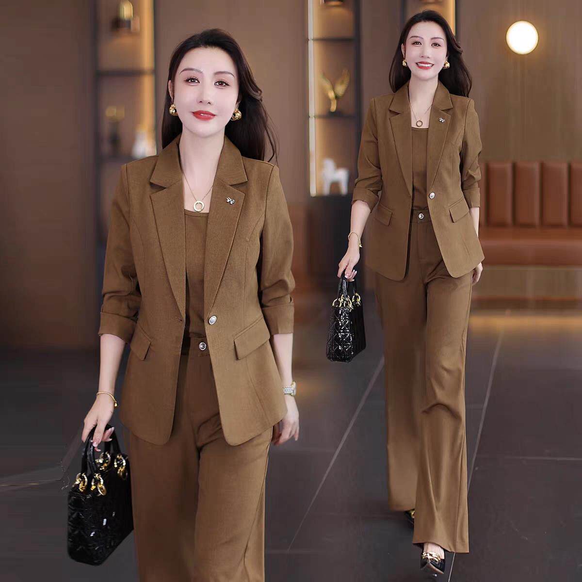 MONLOUVE时尚套装女士早秋新款洋气显瘦西装外套吊带直筒裤职业气