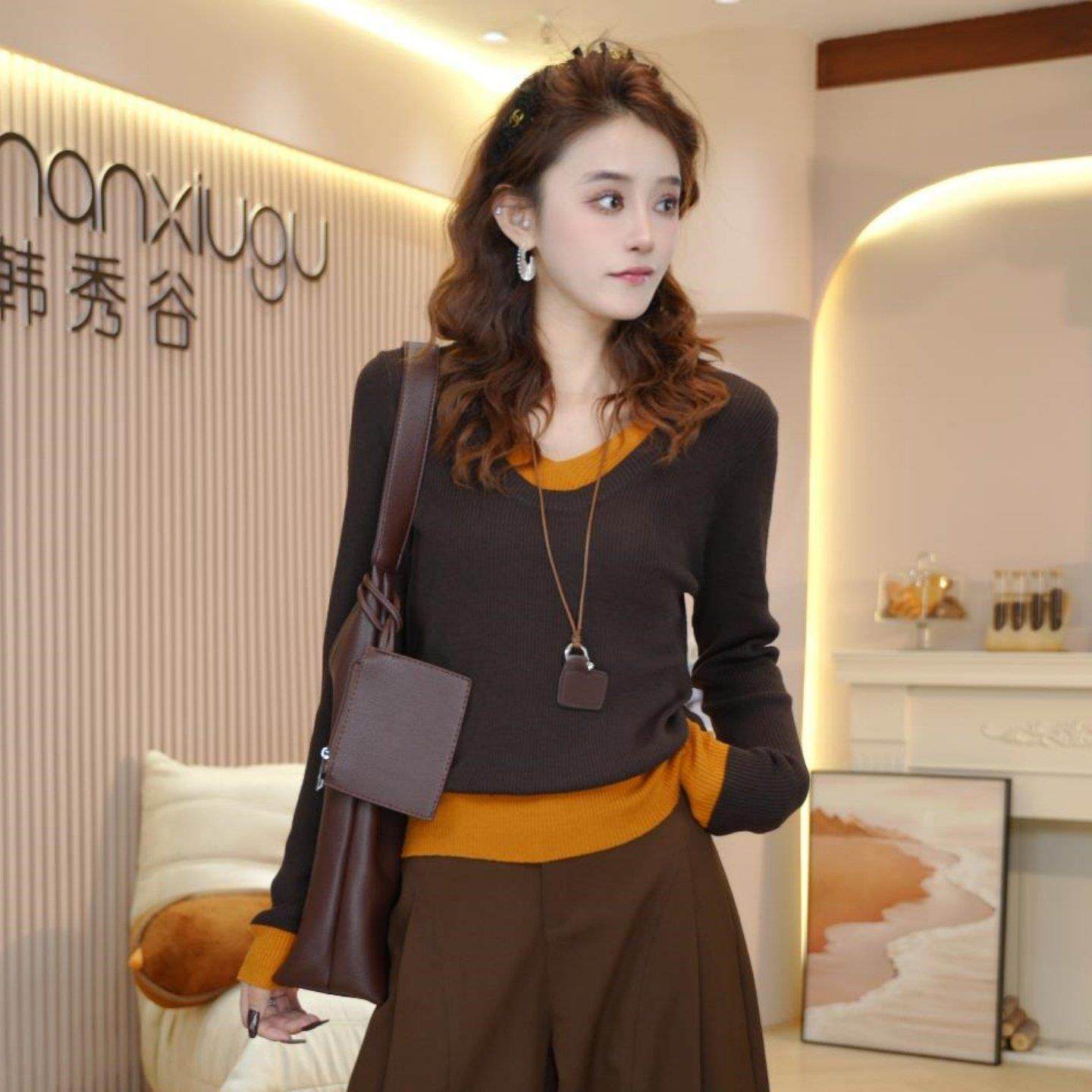 MONLOUVE假两件针织衫女2025新款今年流行爆款内搭打底衫洋气显瘦