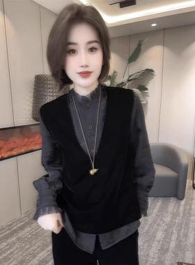 MONLOUVE高端时髦黑色丝绒马甲女早秋新款洋气显瘦精致马甲外套减