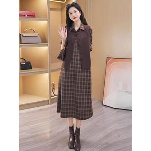 MONLOUVE时尚套装裙女士早秋新款洋气减龄马甲格子连衣裙时髦中长