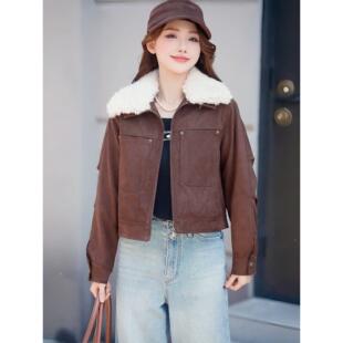 MONLOUVE高级感麂皮绒短外套女秋季新款小个子气质机车服洋气显瘦