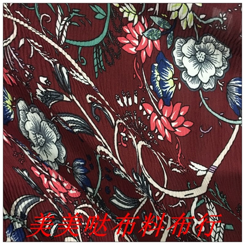 百褶布料 酒红 底复古印花褶皱麻纱夏料 春面连衣裙色裤.子 半身
