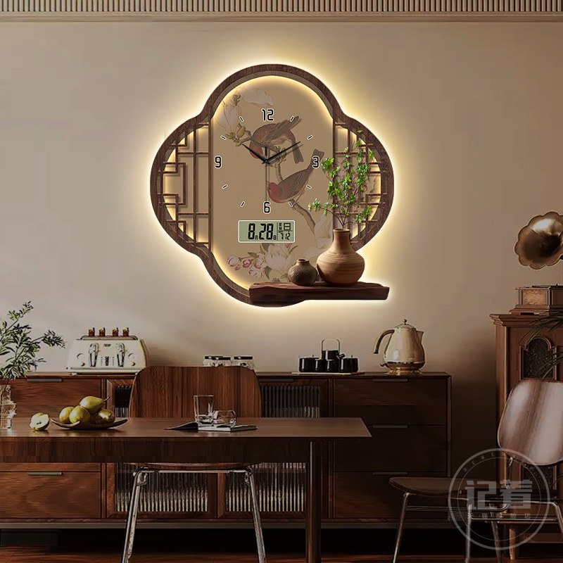 中古风花鸟万年历电子钟表挂钟客厅饭厅玄关装饰画 画带灯茶艺室