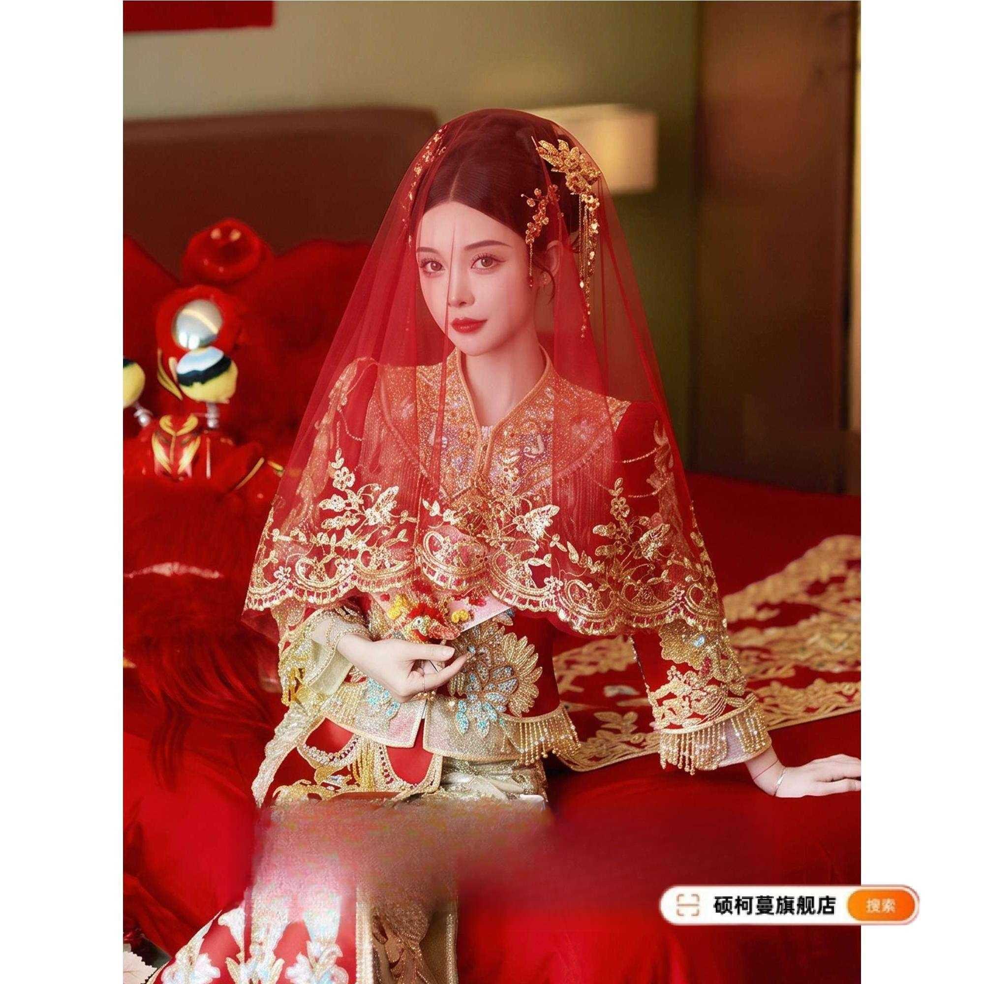 新娘出嫁专用凤冠霞帔红盖头汉服图片