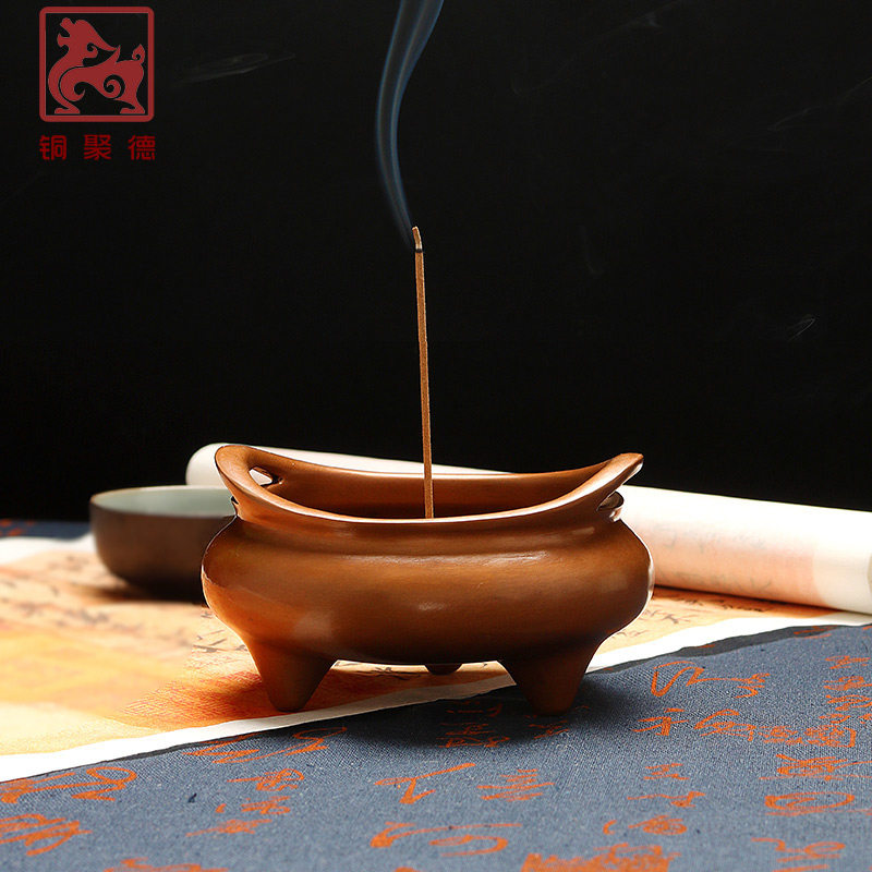 铜聚德 纯铜宣德桥耳乳足炉紫铜家用室内佛具桥耳三足香薰炉摆件