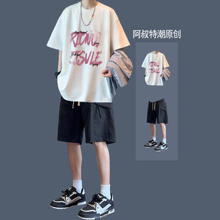 夏季潮流短袖T恤套装男生穿搭短裤青少年薄款高街两件套痞帅一套