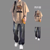 青少年男生酷帅穿搭套装 美式 潮 短袖 套装 复古水洗纯棉T恤男士 夏季