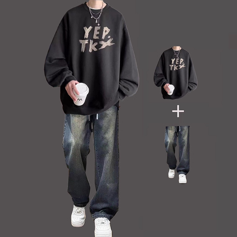酷到底休闲运动套装男款春秋款潮牌宽松圆领卫衣搭配牛仔裤两件套