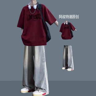 红色薄款短袖T恤男生穿搭套装初高中生日常搭配牛仔裤两件套韩版