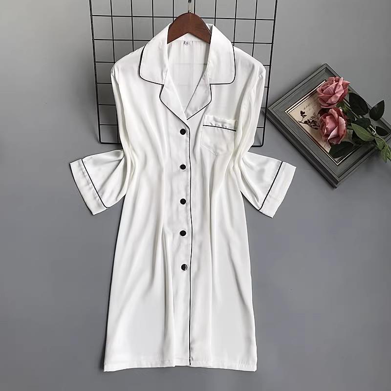 性感女HIY睡裙长春季衫BF风袖衬衫甜美爱白睡衣真可丝中长款开家