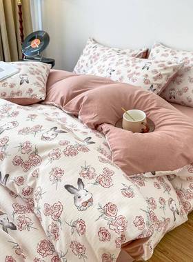 法式i复古风ns小碎花床上四F97H889T件套水洗棉裸睡被套1.8床兔单
