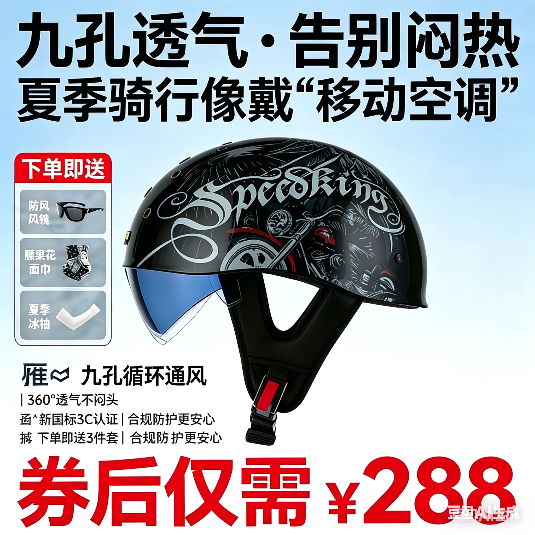 新国标3C认证夏季九孔透气摩托车哈雷复古踏板半盔电动车机车头盔