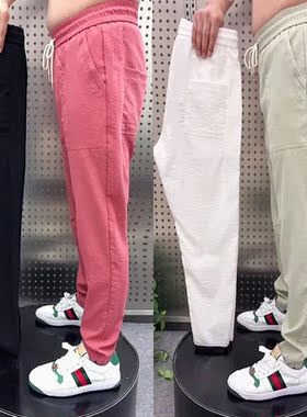 夏季弹力天丝麻休闲小卫裤男新款净版方兜小麻裤时尚纯色小脚裤子