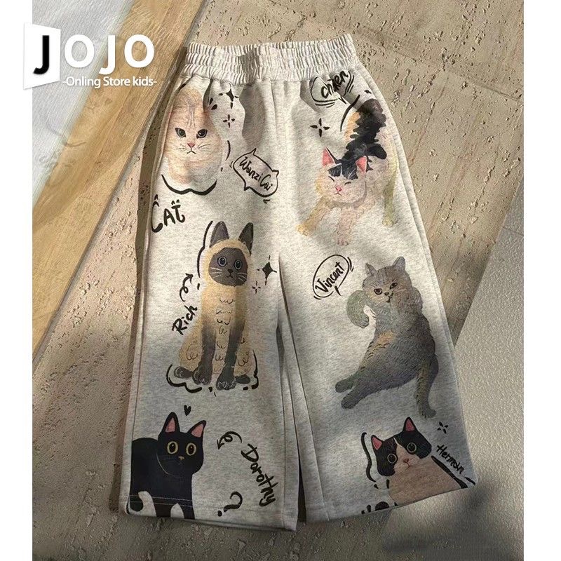 童装韩版男女童裤子2024春款洋气儿童卡通猫咪炸街卫裤休闲阔腿裤