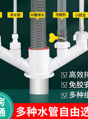 厨房下水管道三通防返臭神器洗碗机净水器过滤器排水管二合一接头