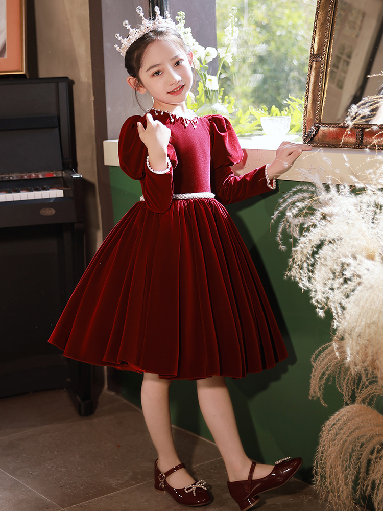 儿童礼服女童公主裙高端新年小女孩生日主持人钢琴演出服秋冬红色