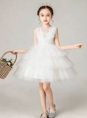 儿童礼服女童白色蓬蓬裙公主裙花童钢琴演出服小女孩生日白纱裙夏