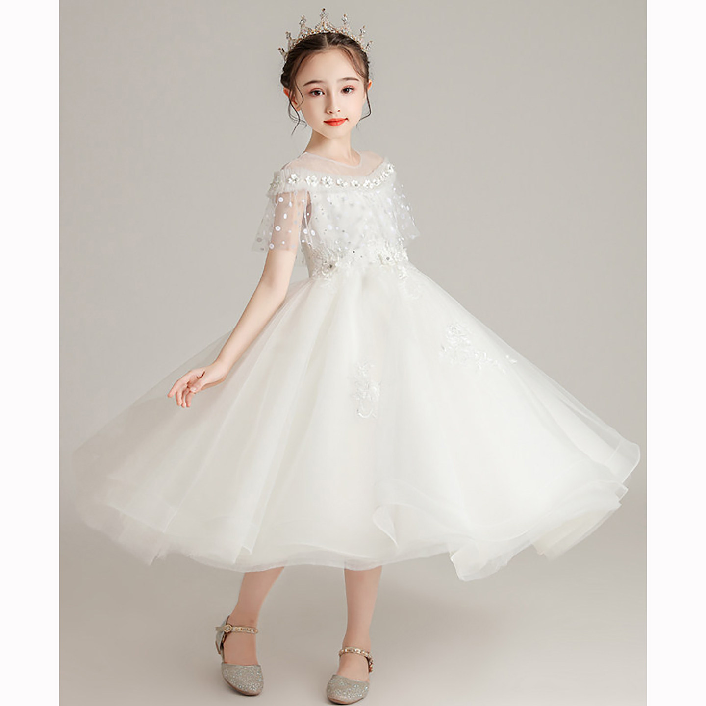 白色儿童礼服女童白纱裙小女孩钢琴演奏演出服生日花童公主裙夏季
