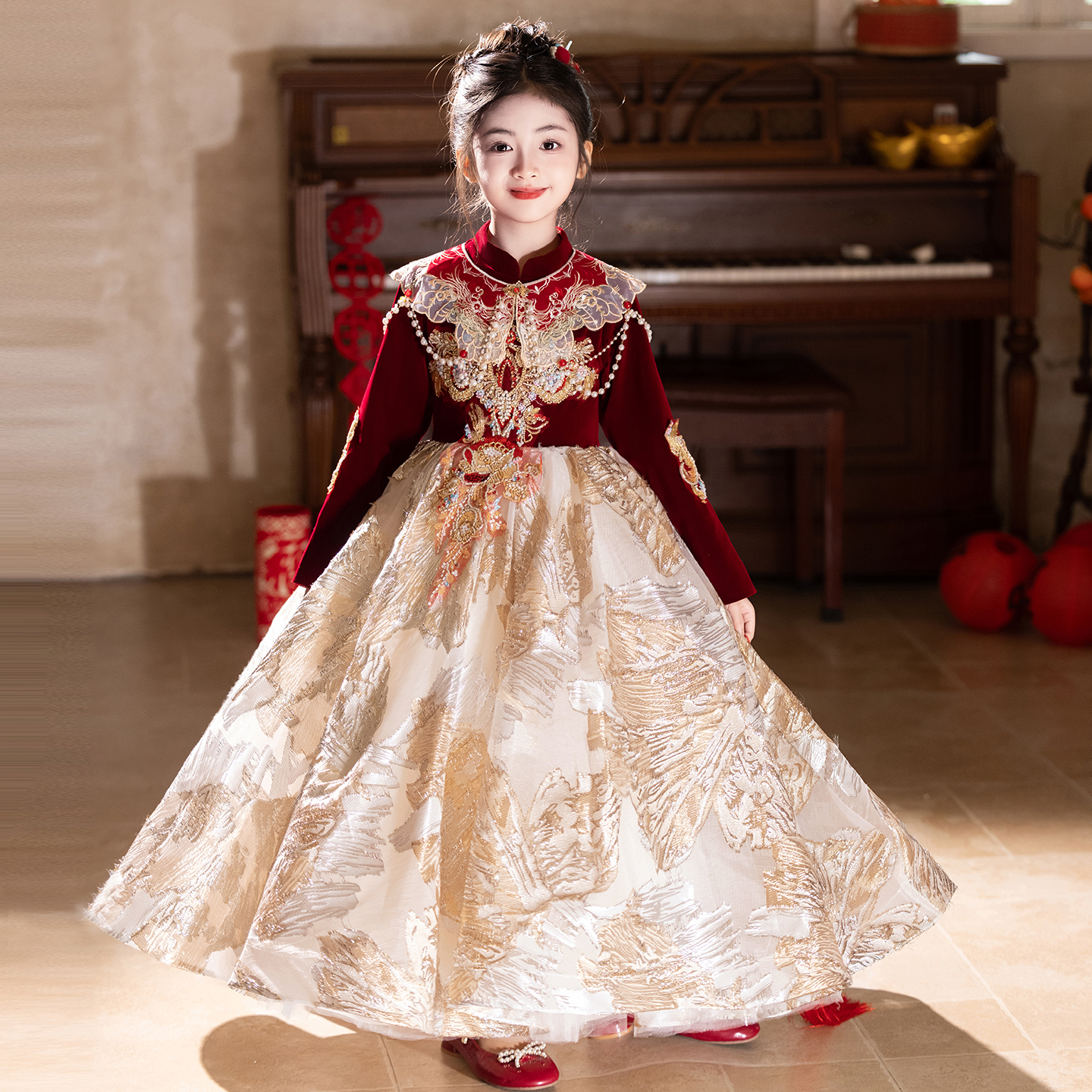 女童礼服红色中式儿童生日公主裙