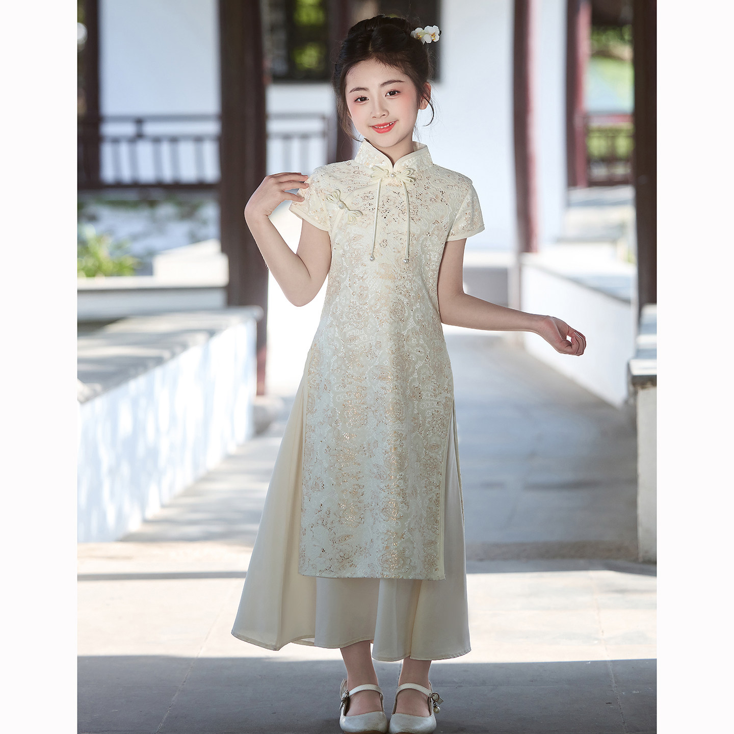 女童旗袍日常可穿儿童国风唐装连衣裙女孩汉服新中式古筝演出服夏