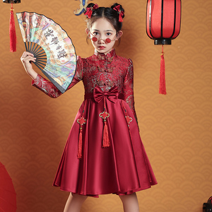 女童旗袍礼服中国风秋冬新年高端儿童红色公主裙小女孩过年拜年服
