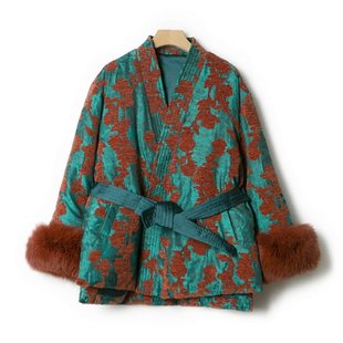 ROSS KANE 新中式女装非遗古法漳缎90白鸭绒袖口狐狸毛羽绒服外套