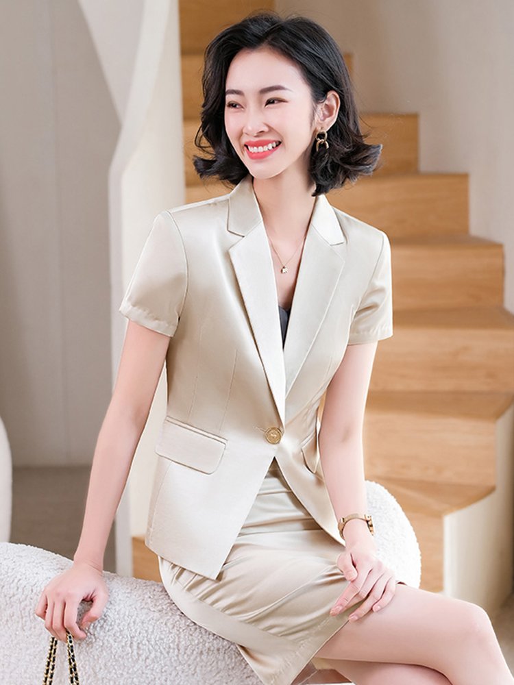 高级感西装套装女夏醋酸缎面薄款短袖职业装女总裁小