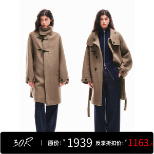 30.R/慵懒极简圈圈绵羊毛立领落肩牛角扣中长款外套大衣