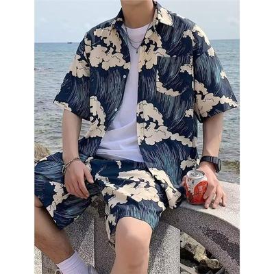 夏季新款冰丝花衬衫套装男