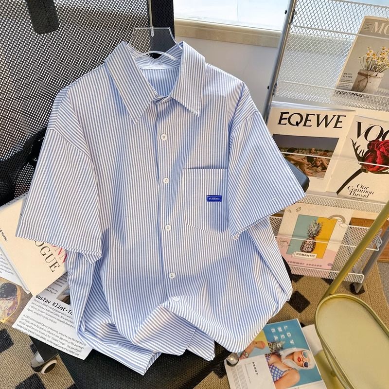 港风蓝色条纹短袖衬衫夏季薄款潮牌痞帅日系潮流宽衬衣外套男女潮