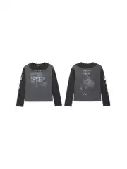 Erd25Ss Photography Boy Print Retro Patchwork Washed Distressed Long-Sleeved T-Shirt