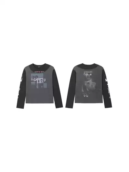 Erd25Ss Photography Boy Print Retro Patchwork Washed Distressed Long-Sleeved T-Shirt