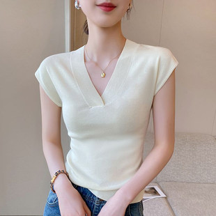 性感收腰衬衫 V领正肩短袖 T恤女春夏新款 修身 显瘦露腰针织上衣 韩版