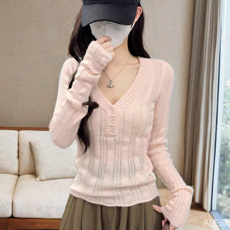 修身打底衫女高级感内搭T恤春秋冬新款复古长袖u领毛衣针织衫上衣