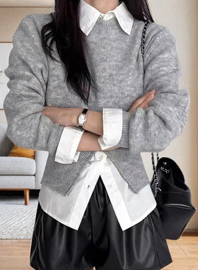 假两件衬衫领毛衣女春秋冬新款内搭慵懒风撞色翻领灰色针织衫上衣