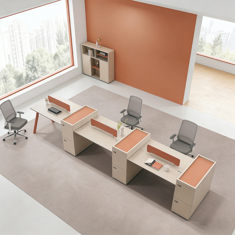 高端极简风四人位办公桌屏风工作位员工桌椅组合带储物柜现代简约