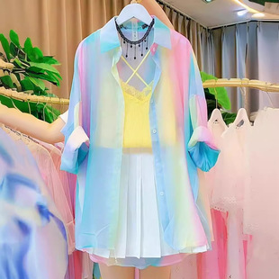 防晒衣女生夏款 法式 彩虹冰丝薄款 小衫 显瘦收腰POLO领纽扣衬衣 时尚