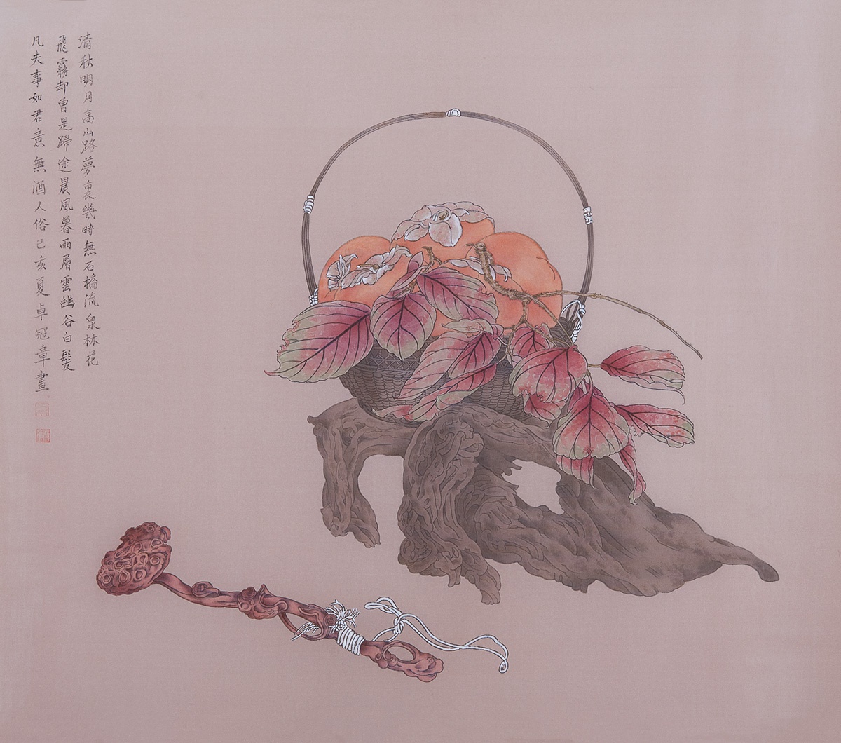 纯手绘国画工笔画字画p花鸟画绢本柿子如意花篮古典清